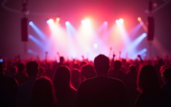Silhouettes of festival concert crowd in front of bright stage lights. Unrecognizable people and colorful effects. High quality