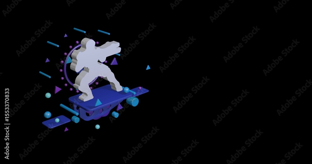 Poster white combat robot on a pedestal of abstract geometric shapes floating in the air. abstract concept 
