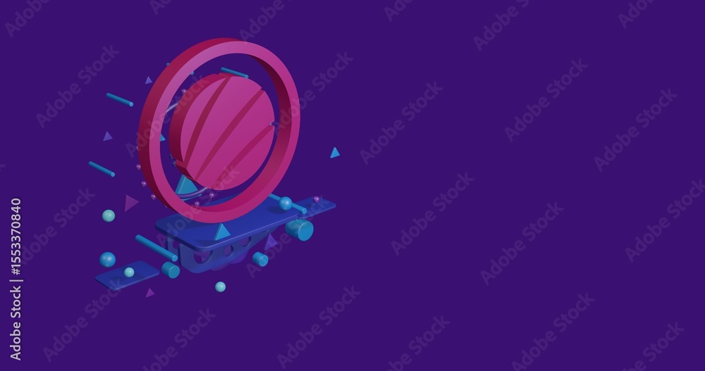 Poster pink sushi roll symbol on a pedestal of abstract geometric shapes floating in the air. abstract conc