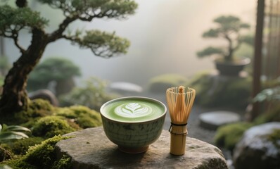 Peaceful tea scene in Zen garden featuring warm latte and cultural tools