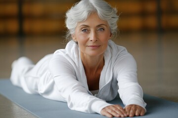 a beautiful senior woman in a white outfit doing yoga, stretching on a mat at home