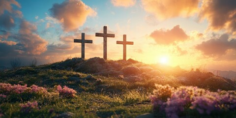 Sunrise over three crosses on a hill adorned with flowers and surrounded by dramatic clouds and gentle light