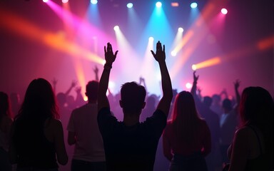 Night club dj party people enjoy of music dancing sound with colorful light with Smoke Machine and lights show. Hands up in the earth. High quality