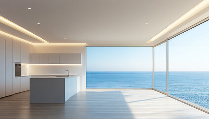 Modern white kitchen with island and ocean view, featuring minimalist design and large glass windows