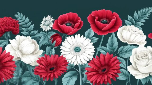 Vibrant Red and White Floral Border - A lush arrangement of red and white flowers, including gerbera daisies, poppies, carnations, and peonies, creates a vibrant floral border against a dark teal