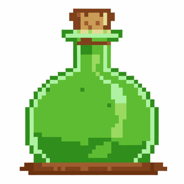 Retro pixel art green potion bottle with cork stopper vintage fantasy elixir container, 8 bit alchemy icon isolated on white