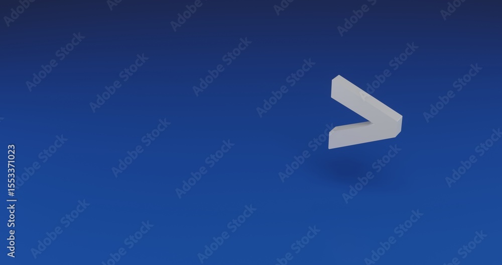 Poster isolated realistic white greater symbol with shadow. located on the right side of the scene. 3d illu