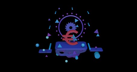 Red euro symbol on a pedestal of abstract geometric shapes floating in the air. Abstract concept art with flying shapes in the center. 3d illustration on black background