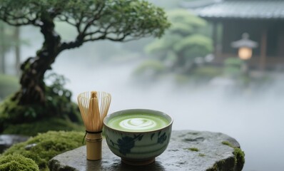Frothy green matcha tea in ceramic cup beside bonsai tree and mossy stone
