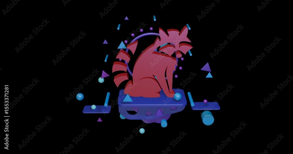 Poster red raccoon symbol on a pedestal of abstract geometric shapes floating in the air. abstract concept 