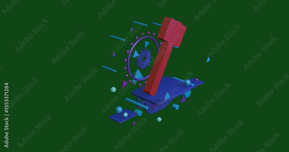 Poster red mallet symbol on a pedestal of abstract geometric shapes floating in the air. abstract concept a