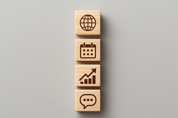 Collection of icons illustrating communication, scheduling, project planning, global scope, and sales increase, visualizing teamwork, expansion, and performance in business operations
