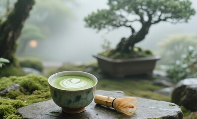Traditional matcha latte with bamboo whisk served in serene Japanese garden at sunrise