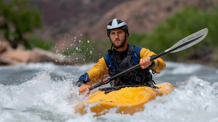 Kayaker Navigating Whitewater Rapids in Cloudy Conditions