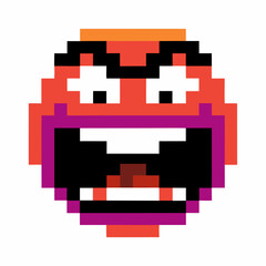 Retro pixelated angry face emoji nostalgic 8 bit expression, bold colors, digital art, emotion icon, vintage gaming