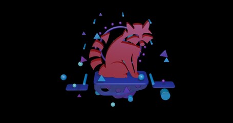 Red raccoon symbol on a pedestal of abstract geometric shapes floating in the air. Abstract concept art with flying shapes in the center. 3d illustration on black background