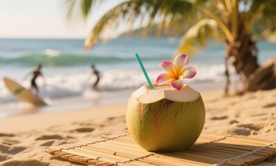 Exotic drink on bamboo mat with beach view and golden light in tropical paradise