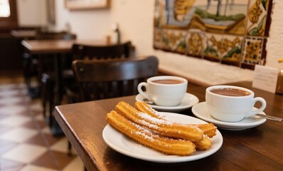 Traditional Spanish churros and chocolate served in cozy café with rustic decor