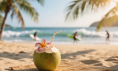 Refreshing coconut drink with tropical flower on Bali beach with soft waves and afternoon sun