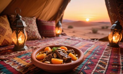Vibrant Middle Eastern dish captured inside traditional desert setting with rustic detail