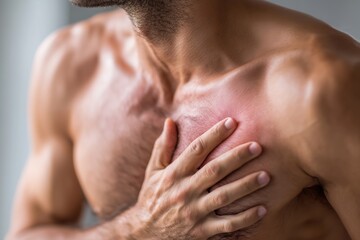 Man with chest pain, touching his heart area, close-up of hand