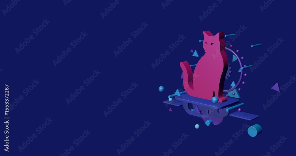 Poster pink cat icon on a pedestal of abstract geometric shapes floating in the air. abstract concept art w