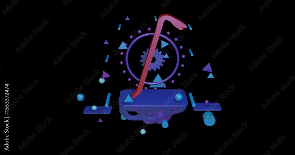 Aufkleber red crowbar symbol on a pedestal of abstract geometric shapes floating in the air. abstract concept 
