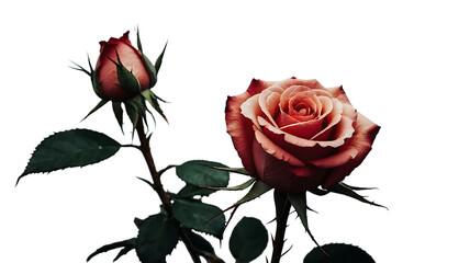 Two roses one blooming one budding against a dark background