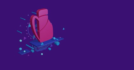 Pink travel backpack symbol on a pedestal of abstract geometric shapes floating in the air. Abstract concept art with flying shapes on the left. 3d illustration on deep purple background