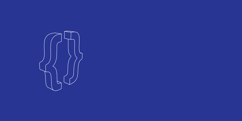 The outline of a large curly brackets symbol made of white lines on the left. 3D view of the object in perspective. Vector illustration on indigo background