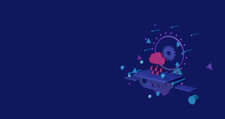 Naklejka premium Pink rain symbol on a pedestal of abstract geometric shapes floating in the air. Abstract concept art with flying shapes on the right. 3d illustration on indigo background