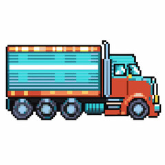 Fototapeta premium Pixel art cargo truck, red and blue commercial transport vehicle classic retro delivery lorry for logistics and shipping illustration