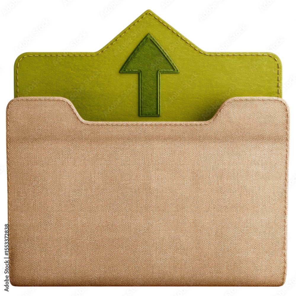 Poster upload folder with embroidery patch design in green and beige fabric texture showing upward arrow sy