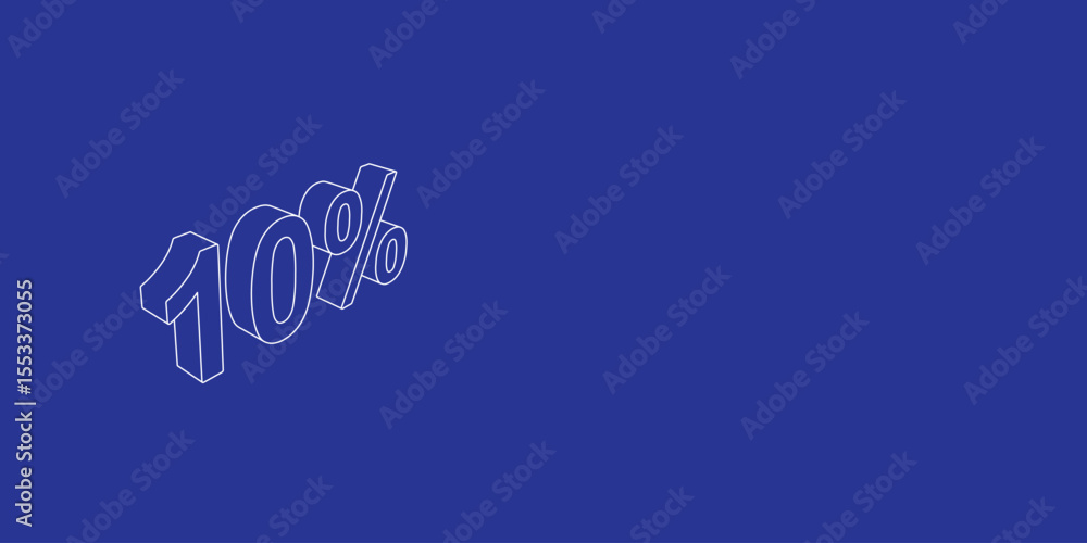 Poster the outline of a large 10 percent symbol made of white lines on the left. 3d view of the object in p