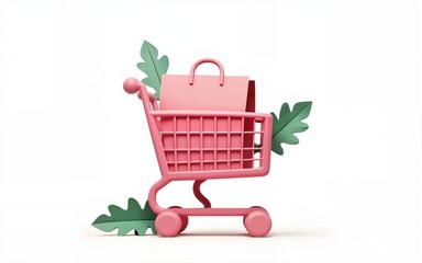 Pink shopping cart with a shopping bag and green leaves isolated on white background. High quality