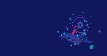 Fototapeta premium Pink dynamite symbol on a pedestal of abstract geometric shapes floating in the air. Abstract concept art with flying shapes on the right. 3d illustration on indigo background