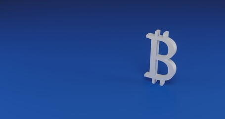Isolated realistic white bitcoin symbol with shadow. Located on the right side of the scene. 3d illustration on transparent background