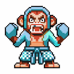 Fototapeta premium Angry boxing monkey mascot in pixel art wearing blue gloves and helmet, competitive virtual sports gaming character