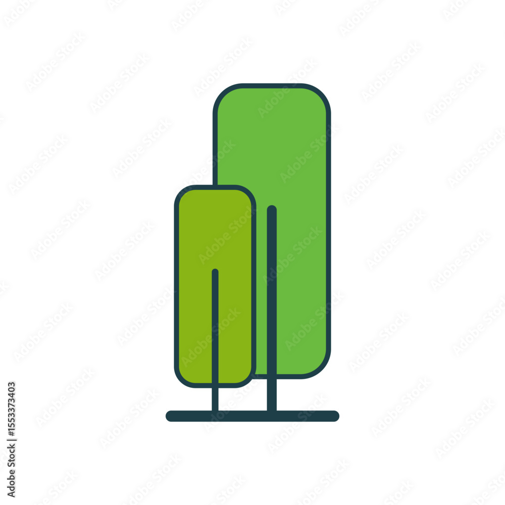 Aufkleber two modern vertical trees in flat vector style with simple lines and dark green outlines