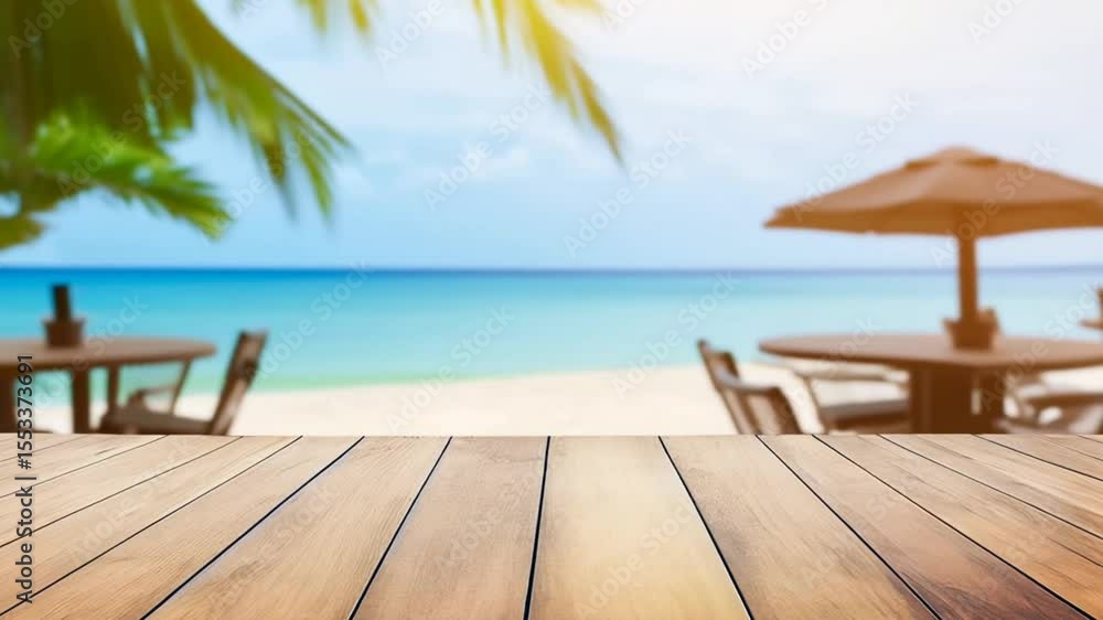 Poster relaxing beach view with wooden table and umbrellas in sight generative ai