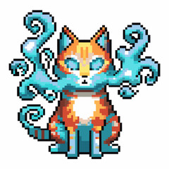 Mystical pixel art cat with glowing blue magical wisps, fantasy digital illustration, retro animal character