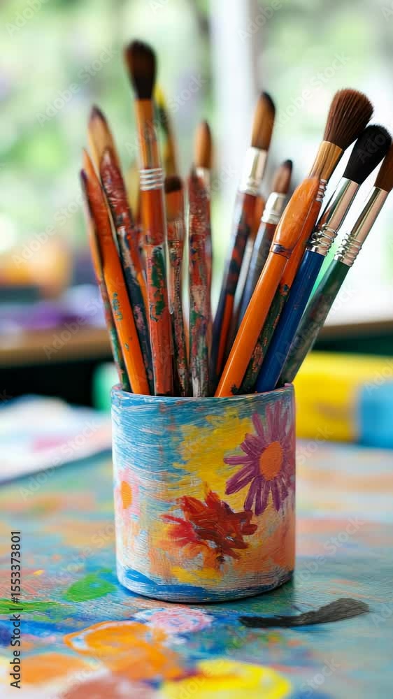 Poster various used paintbrushes resting in a colorful container on a vibrant, paint splattered table creat