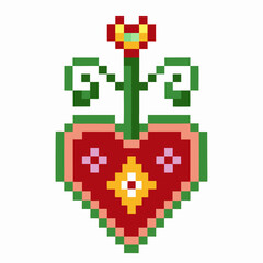 Obraz premium Pixel art heart with flower retro digital floral heart motif, vibrant colors, spring love symbol, pixelated decorative design