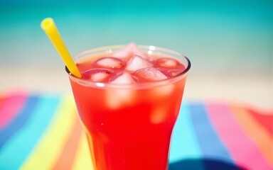 Refreshing red summer drink with ice cubes featuring a yellow straw on a colorful beach towel perfect for summer. High quality