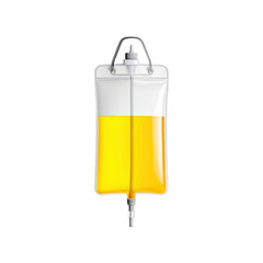 Transparent intravenous fluid bag filled with bright yellow liquid, medical accessory for hospital use in healthcare settings on transparent background