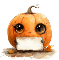 Cute cartoon halloween pumpkin with big eyes holding blank sign isolated on transparent background PNG. Pumpkin is orange with green stem surrounded by small leaves.
