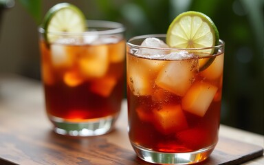 Refreshing Cola with Ice and Lime Garnish in a Glass Perfect for Summer Drinks and Beverage Ph. High quality