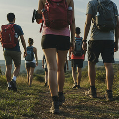 Fototapeta premium Group hiking with backpacks on trail during outdoor fitness activity in nature, showing legs and casual sportswear, enjoying healthy lifestyle and adventure