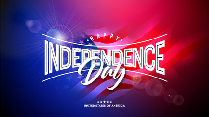 Fourth of July Independence Day of the USA Banner Design with Typography Letter on Blurred American Flag Background. Vector 4th of July National Celebration Illustration for Flyer, Greeting Card
