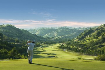 A golfer stands in the foreground, overlooking an impressive golf course with rolling hills and lush greenery under clear blue skies